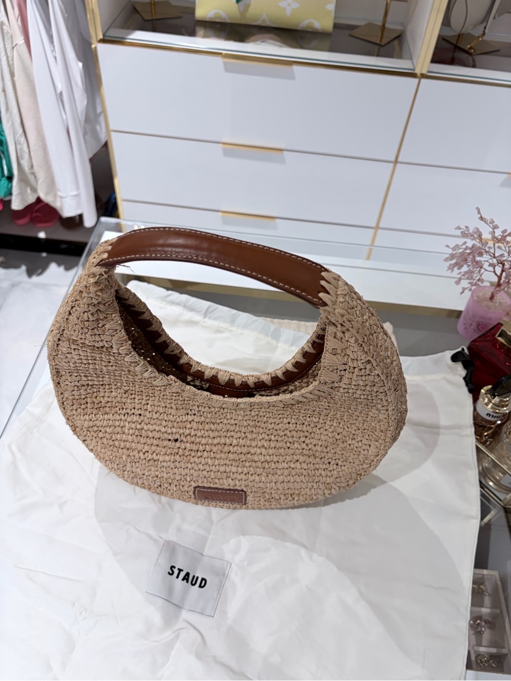 STAUD Tan Woven Crescent Hobo with Leather Handle